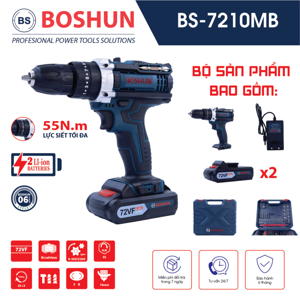 Máy khoan pin 10Ly Boshun 72VF BS-7210MB, 55Nm, 10mm, 3 chức năng khoan,búa,vít, có đèn trợ sáng, động cơ 100% lõi đồng