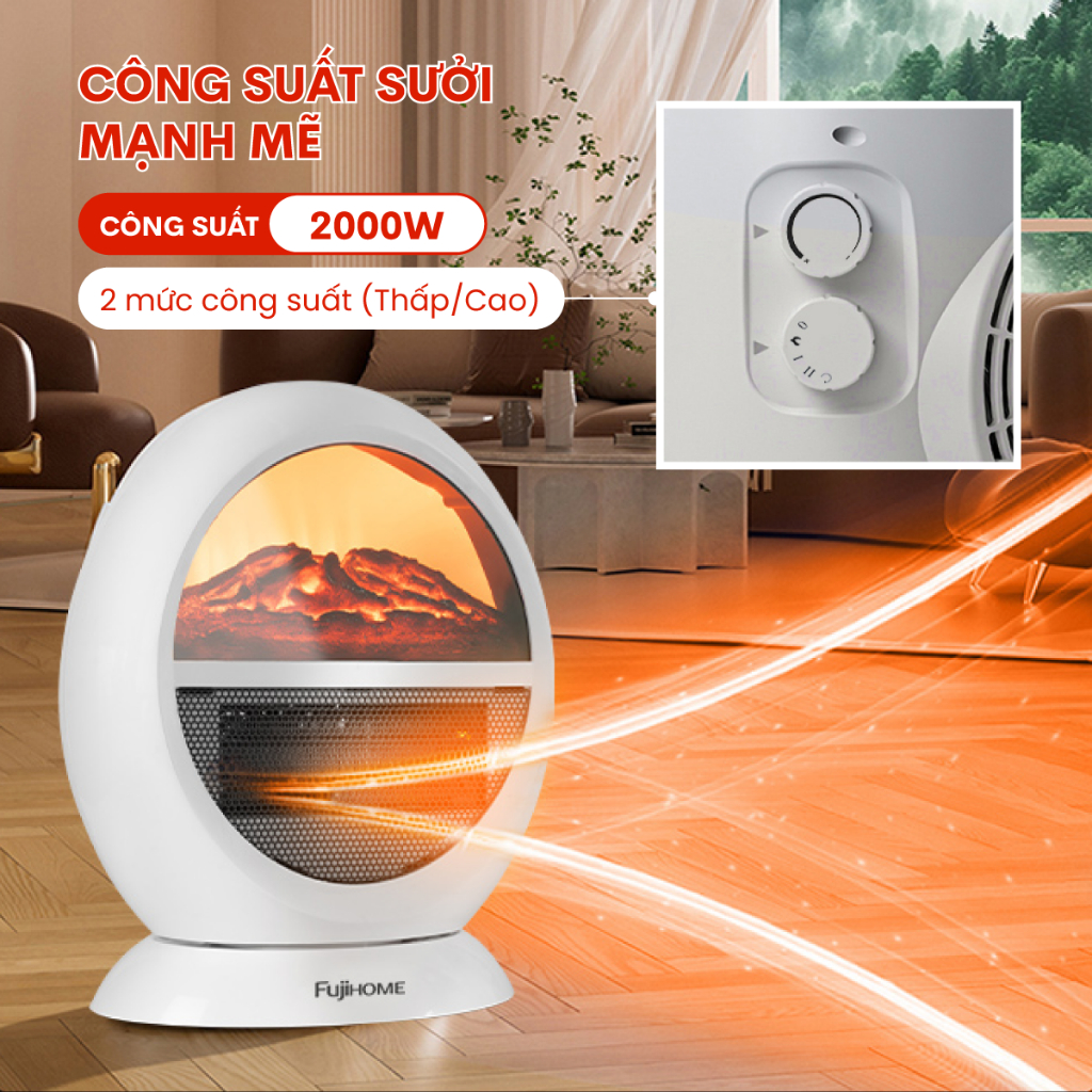 Quạt sưởi mini để bàn hiệu ứng lò sưởi FH09 FUJIHOME, Quạt sưởi không đốt oxy không gây khô da có đảo chiều tự động ngắt
