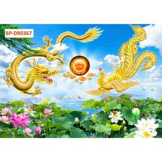 Tranh dán tường long phụng sum vầy,tranh song long tranh châu,tranh con rồng in trên chất liệu vải lụa(tặng kèm keo dán)