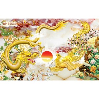 Tranh dán tường long phụng sum vầy,tranh song long tranh châu,tranh con rồng in trên chất liệu vải lụa(tặng kèm keo dán)