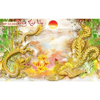 Tranh dán tường long phụng sum vầy,tranh song long tranh châu,tranh con rồng in trên chất liệu vải lụa(tặng kèm keo dán)