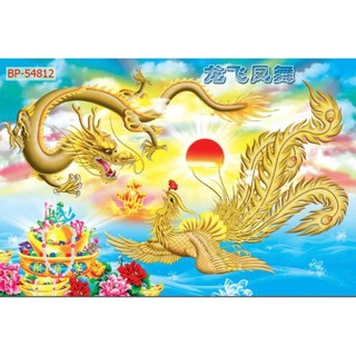 Tranh dán tường long phụng sum vầy,tranh song long tranh châu,tranh con rồng in trên chất liệu vải lụa(tặng kèm keo dán)