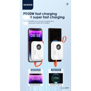 (Có 3C) Cục Tích Điện Sendem PH99 10000mAh Cell Li-ion 21700 TypeC & USB-A QC 3.0 22.5W, Màn hình LCD, Kèm 2 Cáp sạc