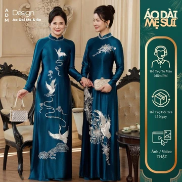 Áo Dài Mẹ, Áo Dài Bà Sui Cao Cấp Chất Lụa Ruby Màu Xanh Cổ Vịt Hoạ Tiết Thêu Hoa Đính Kết Cổ Áo Tỉ Mỉ-Áo Dài Design