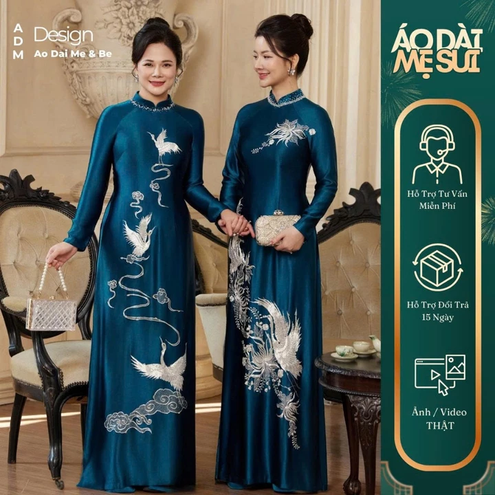 Áo Dài Mẹ, Áo Dài Bà Sui Cao Cấp Chất Lụa Ruby Màu Xanh Cổ Vịt Hoạ Tiết Thêu Hoa Đính Kết Cổ Áo Tỉ Mỉ-Áo Dài Design