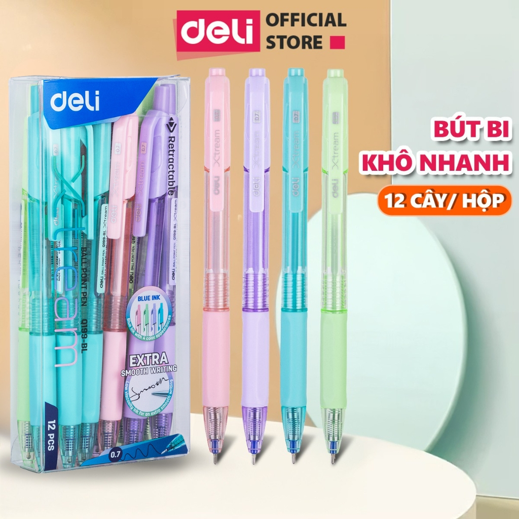 Hộp 12 24 Bút Bi Bấm Văn Phòng Deli Mực Xanh Ngòi 0.7mm Nét Đều Trơn Cho Học Sinh Có Đệm Tay EQ199