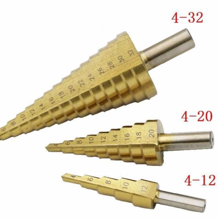 Mũi khoan tháp bước đủ size | Mũi Khoan tháp thẳng đa năng chân trụ đầu lục giác phủ titan