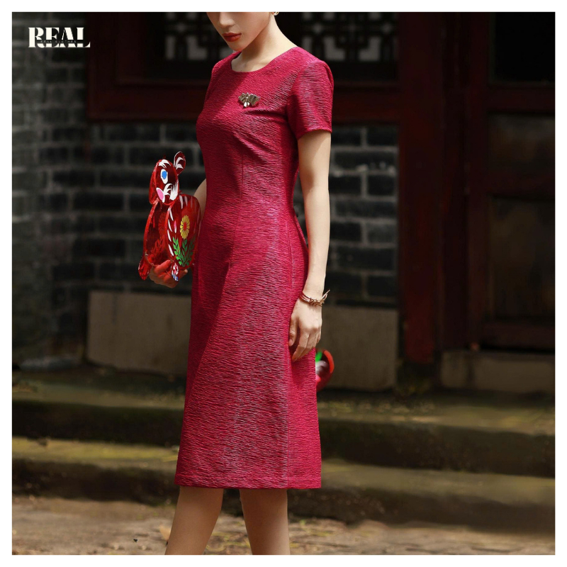 Đầm Moon đỏ tay ngắn REAL CLOTHES, CÓ LÓT, có túi, tôn dáng, sang trọng