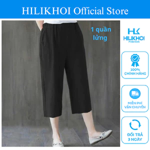 Quần lửng nữ mặc nhà HILIKHOI dáng ống suông cao cấp, vải đũi lụa màu đen
