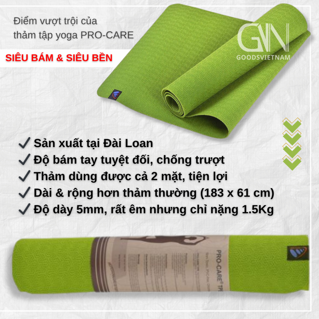 Thảm Tập Yoga Cao Su Thiên Nhiên PRO-CARE Siêu Bám & Siêu Bền - Hàng Chính Hãng Tặng Kèm Túi Đựng