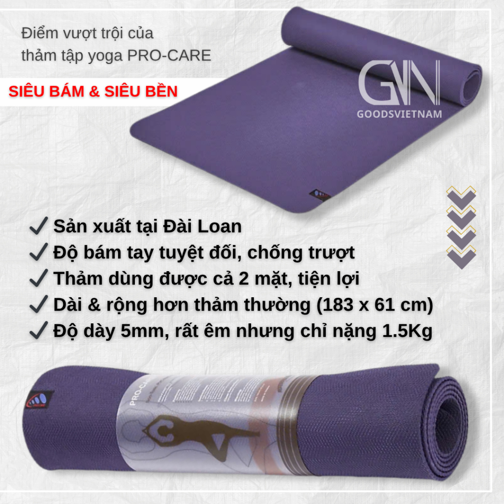 Thảm Tập Yoga Cao Su Thiên Nhiên PRO-CARE Siêu Bám & Siêu Bền - Hàng Chính Hãng Tặng Kèm Túi Đựng