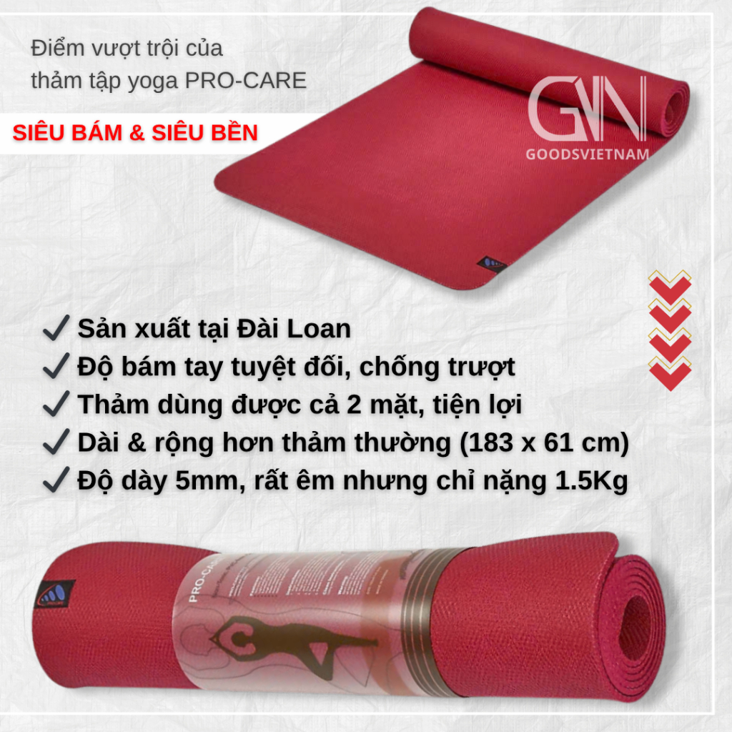 Thảm Tập Yoga Cao Su Thiên Nhiên PRO-CARE Siêu Bám & Siêu Bền - Hàng Chính Hãng Tặng Kèm Túi Đựng