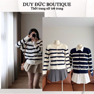 Áo Cardigan Chất Len Thỏ Xoắn Thừng Kẻ Ngang Dày Thêu Ngựa Điểm Nhấn Trẻ Trung Thời Trang Nữ Hot Trendd