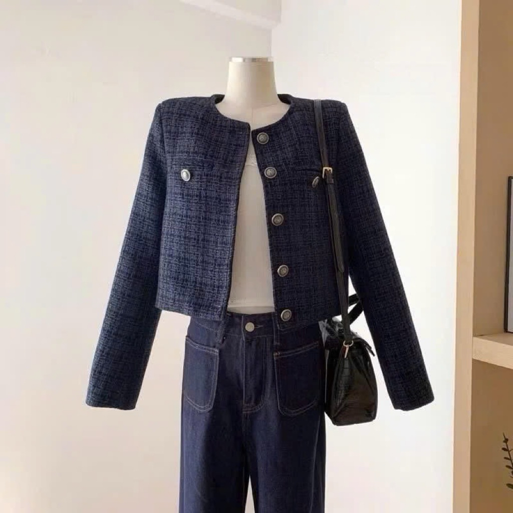 Áo Dạ Tweed 2 lớp Đính Cúc ( sẵn hàng ) màu xanh than