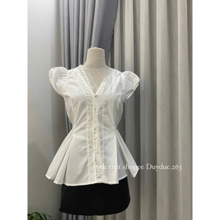 Áo Sơ Mi Cổ V May Ren Mix Cúc Ngọc Chiết Eo Dây Buộc Tay Bồng Thời Trang Nữ