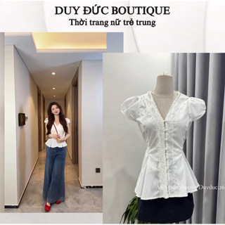 Áo Sơ Mi Cổ V May Ren Mix Cúc Ngọc Chiết Eo Dây Buộc Tay Bồng Thời Trang Nữ