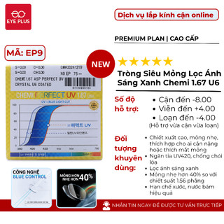 [Tròng Kính Chemi Siêu Mỏng Nhẹ]  Eye Plus Chiết Suất 1.60/1.67 Chống Ánh Sáng Xanh Và UV Độ Bền Cao