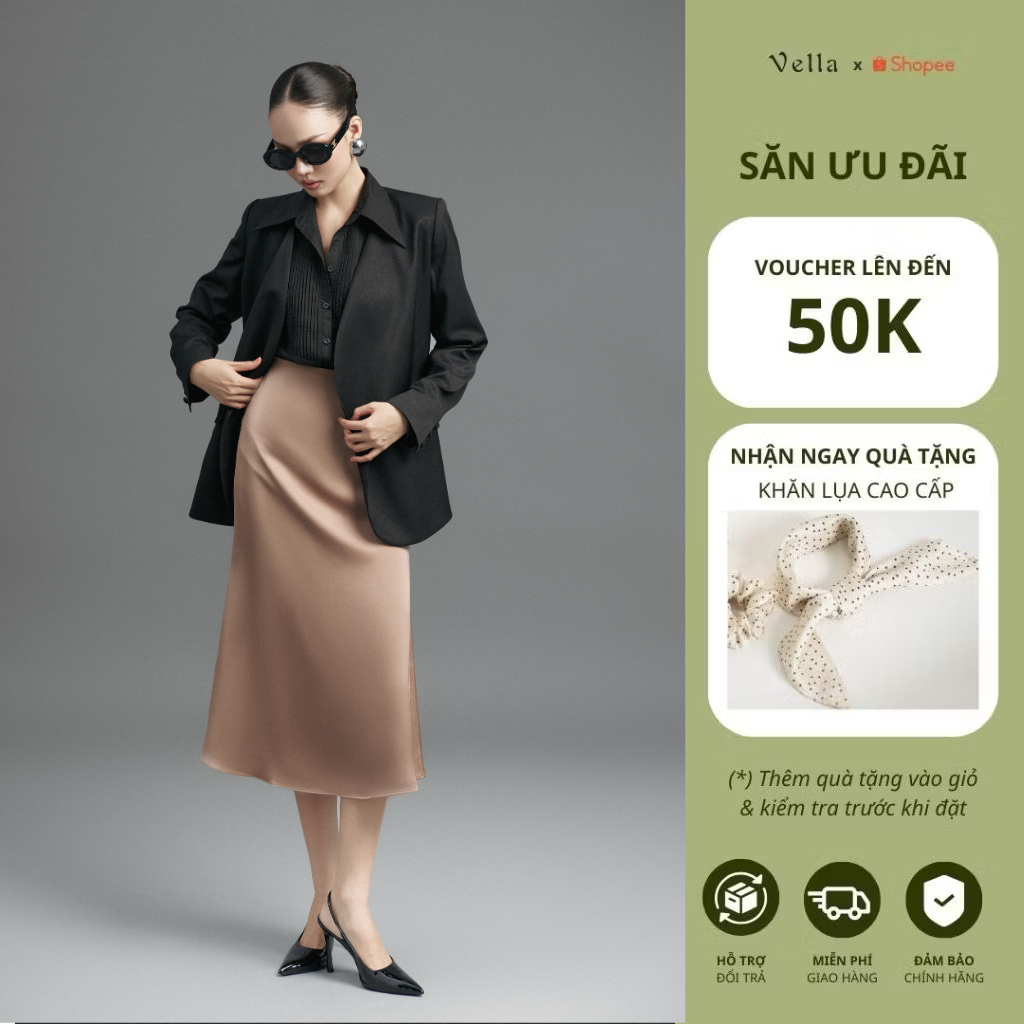 Set công sở nữ, áo sơ mi nữ công sở & chân váy lụa công sở nữ phom A màu đen / nâu  Vella VV24097