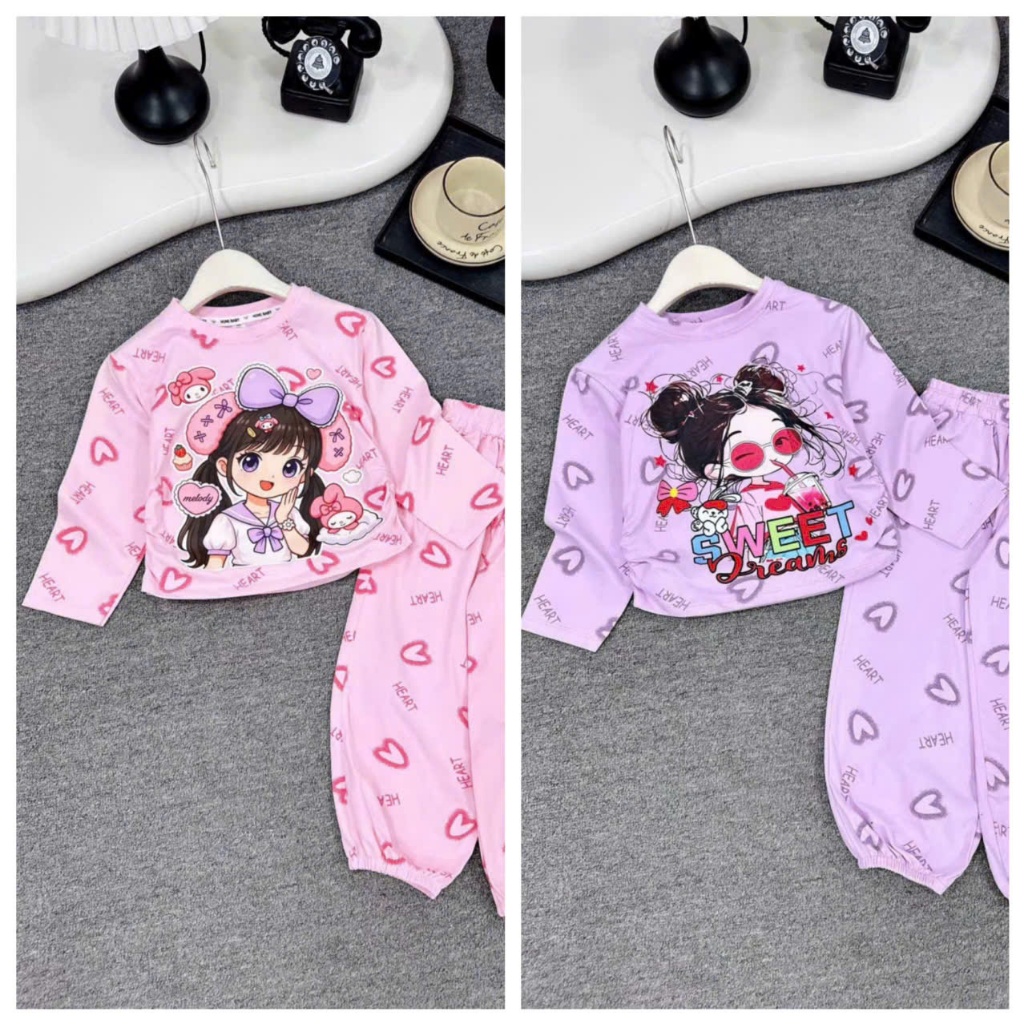 Bộ quần áo dài tay in hình cô gái dễ thương 9-45kg chất cotton mềm mại (ms30)