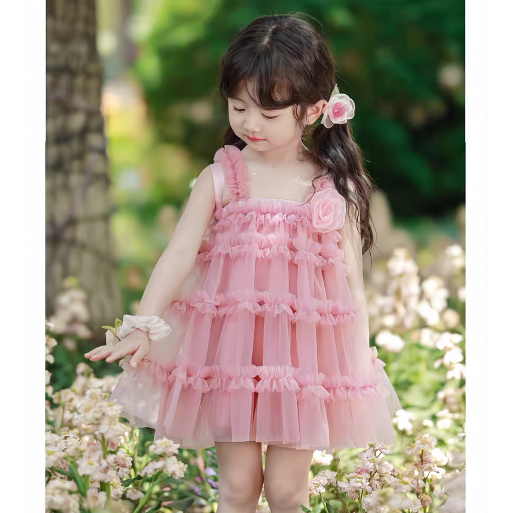Váy tầng ba lớp cho bé gái 4-19kg màu xanh và màu hồng tím váy tròn côngchúa