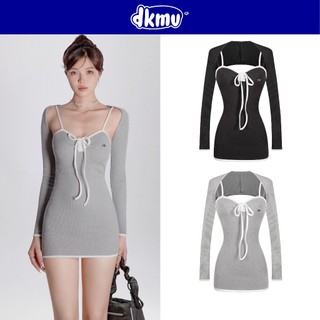 Set váy nữ hai dây và áo khoác ngoài DKMV thiết kế thắt nơ ngực kèm phối viền tương phản đáng yêu Eunji Dress | K-D25