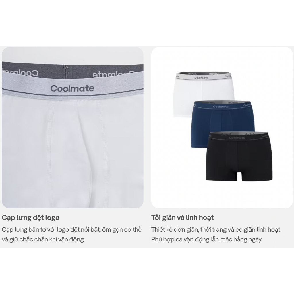 [TẶNG QUÀ ĐƠN 329K]Combo 3 Quần Lót Trunk Cotton Stretch vải mềm mịn, thấm hút, thoáng khi cạp dệt logo Coolmate