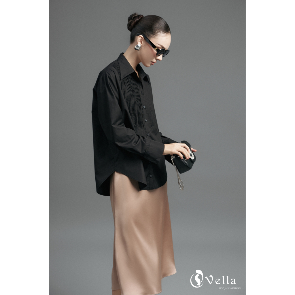 Set công sở nữ, áo sơ mi nữ công sở & chân váy lụa công sở nữ phom A màu đen / nâu  Vella VV24097