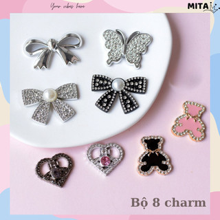 Bộ 8 Sticker, Charm 3D chủ đề Nơ và gấu nhựa cứng gắn Dép Sục, Cá Sấu Mita JB-389