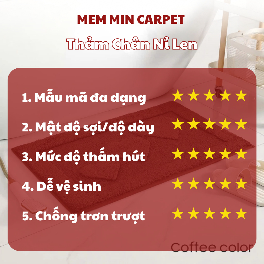Thảm Lau Chân Nhà Tắm Phòng Khách Nhà Bếp Siêu Thấm Nước Chất Liệu Nỉ Len Mịn Chống Trơn Trượt  - MemminCarpet - TH62