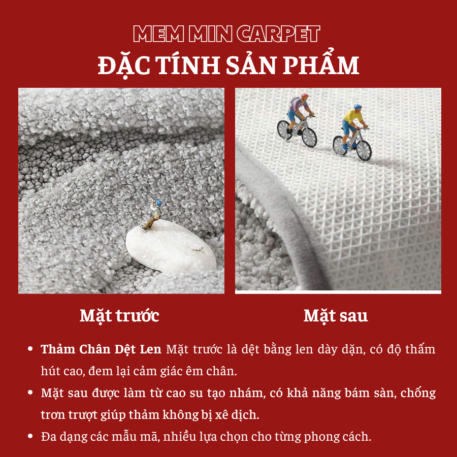 Thảm Lau Chân Nhà Tắm Phòng Khách Nhà Bếp Siêu Thấm Nước Chất Liệu Nỉ Len Mịn Chống Trơn Trượt  - MemminCarpet - TH62