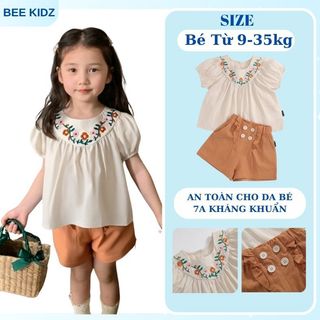 Bộ Đồ Bé Gái, Sét Đồ Bé Gái Thiết Kế Áo Tay Bồng Kèm Quần Với Họa Tiết Hoa Thêu Chất Liệu Cotton Mát
