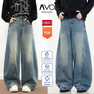 Quần Jean Bò Nam Nữ Unisex suông ống rộng baggy dáng Wide-leg phối đường viền nối thân cong size S-XXL Avocado