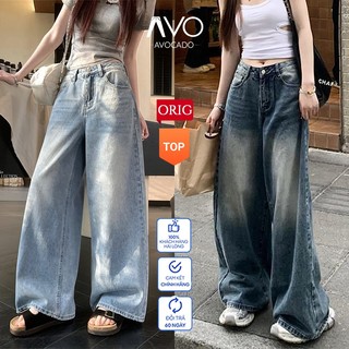 Quần Jeans Bò Nữ Suông Ống Rộng Cạp Cao Avocado Wash Màu Vintage Cạp Cao Ống Siêu Rộng 25-27cm cao cấp