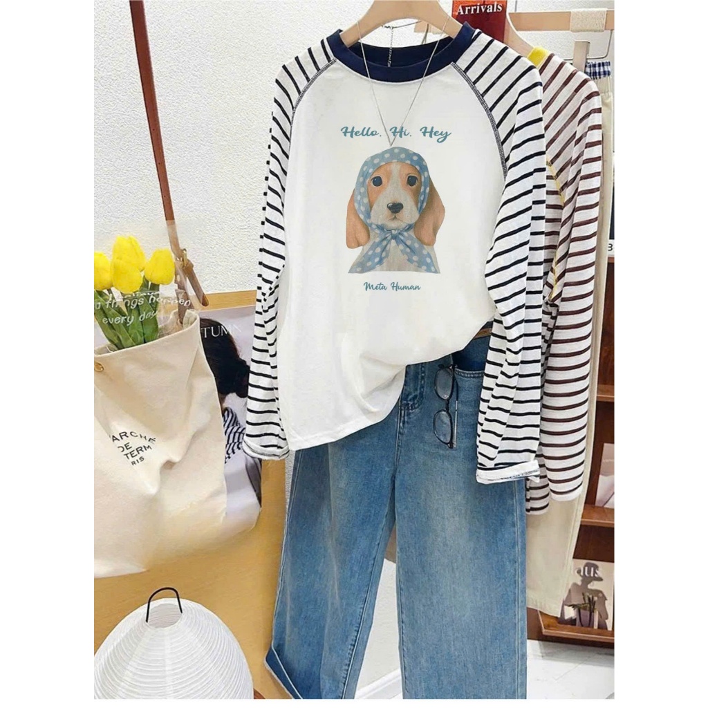 Áo dài tay nữ, Áo phông tay dài phối màu, Tay kẻ sọc ngang in hình JULY FASHION, Áo thun mùa Thu Đông, chất thun xượt
