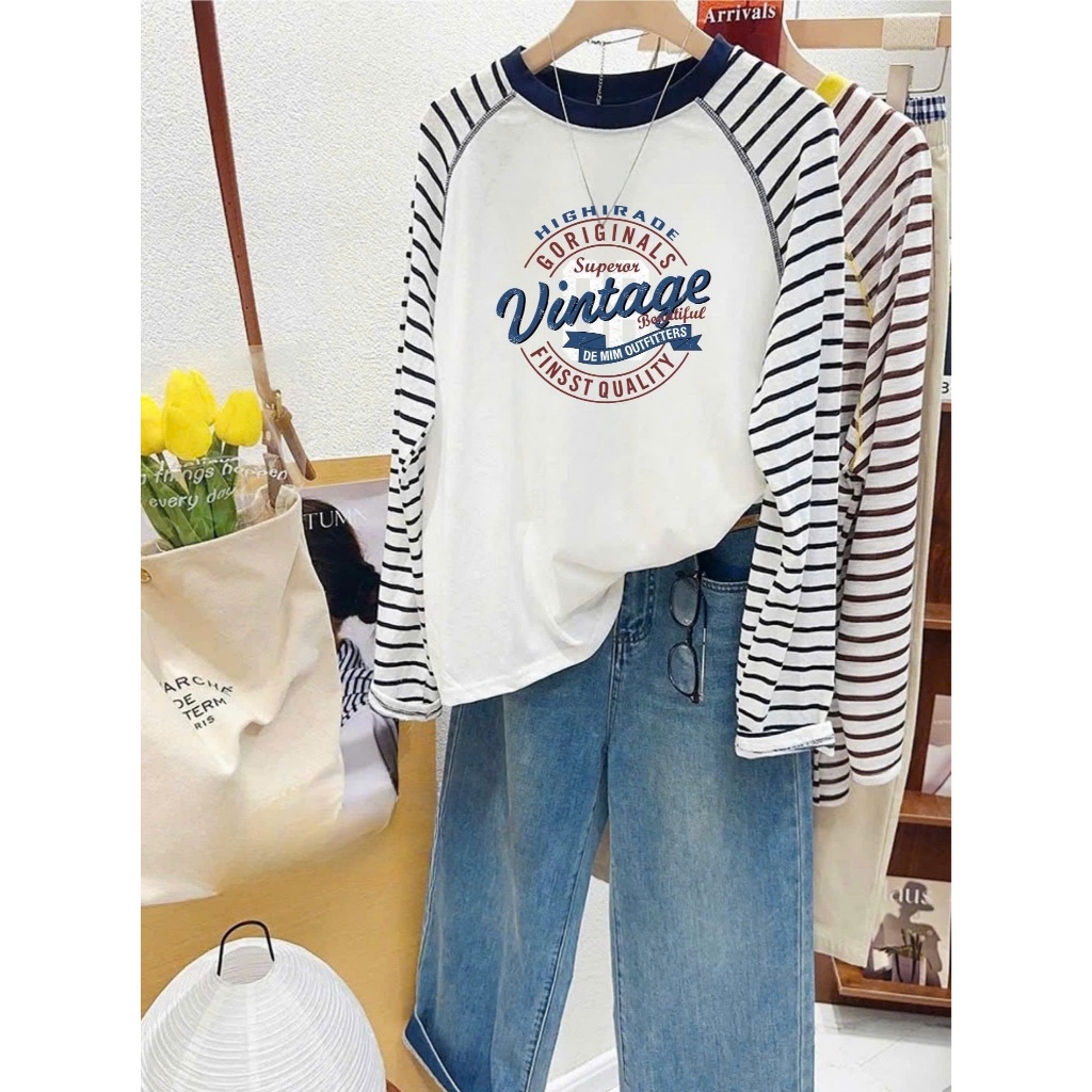 Áo dài tay nữ, Áo phông tay dài phối màu, Tay kẻ sọc ngang in hình JULY FASHION, Áo thun mùa Thu Đông, chất thun xượt