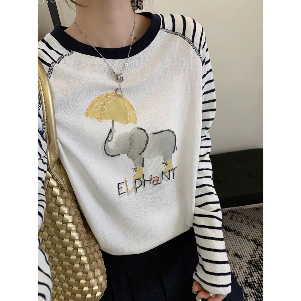 Áo dài tay nữ, Áo phông tay dài phối màu, Tay kẻ sọc ngang in hình JULY FASHION, Áo thun mùa Thu Đông, chất thun xượt