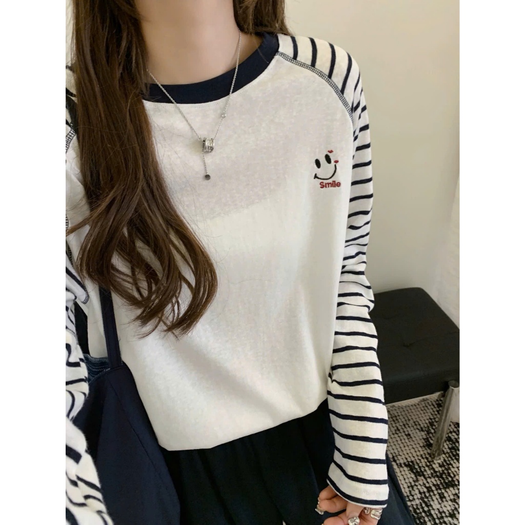 Áo dài tay nữ, Áo phông tay dài phối màu, Tay kẻ sọc ngang in hình JULY FASHION, Áo thun mùa Thu Đông, chất thun xượt