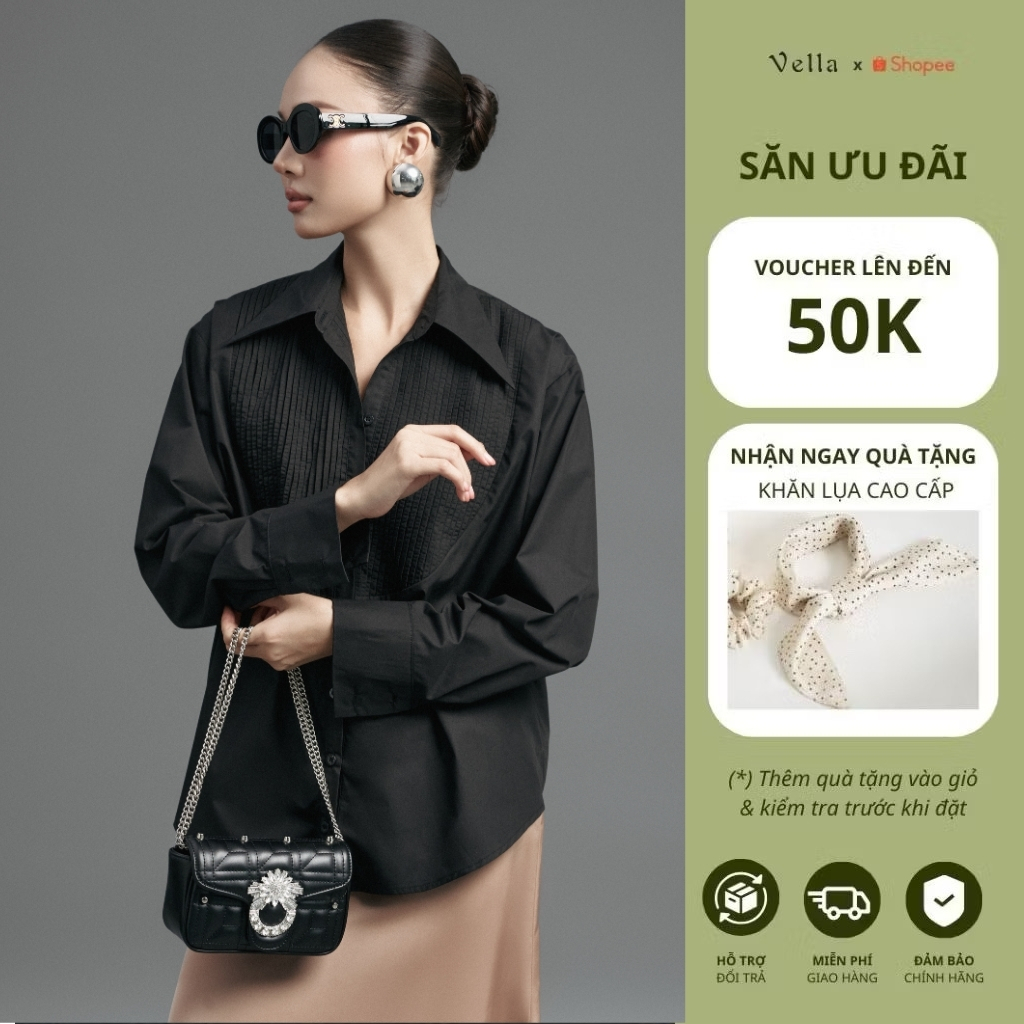 Áo sơ mi dài tay công sở nữ đen trắng thanh lịch Vella Fashion VA25069