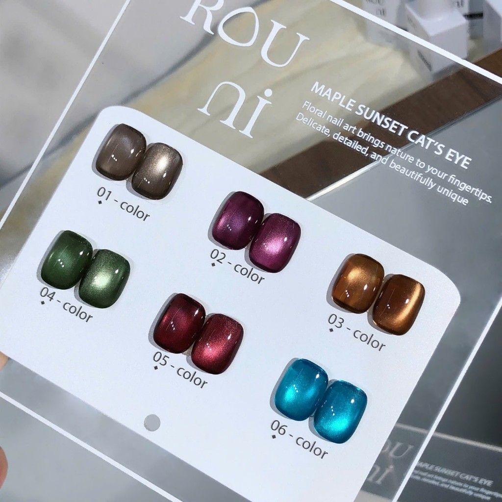 Set ROUni sơn gel mắt mèo hạt thủy tinh 6 màu mùa thu đông tone xanh chuyên dụng cho tiệm nail