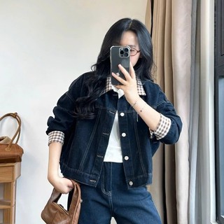 Áo Khoác Bò Jean Nữ Unisex basic form Nữ Avo Avocado Denim Jacket  dày dặn phối cổ kẻ KARO