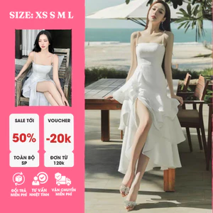 Đầm Maxi 2 Dây Trắng Bèo Đính Ngọc – Thướt Tha, Dịu Dàng, Tỏa Sáng Như Nữ Thần Biển
