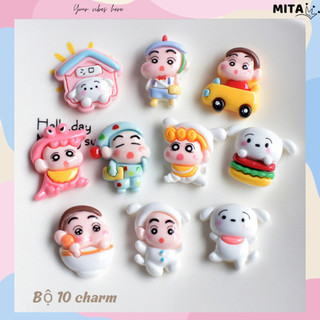 Bộ 10 Sticker, Charm 3D chủ đề Shin cún trắng nhựa cứng gắn Dép Sục, Cá Sấu Mita JB-395
