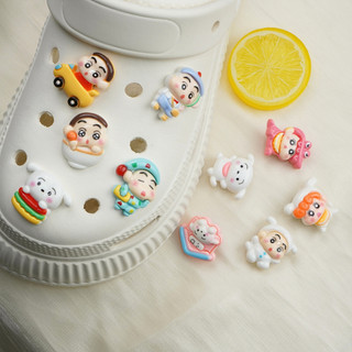 Bộ 10 Sticker, Charm 3D chủ đề Shin cún trắng nhựa cứng gắn Dép Sục, Cá Sấu Mita JB-395