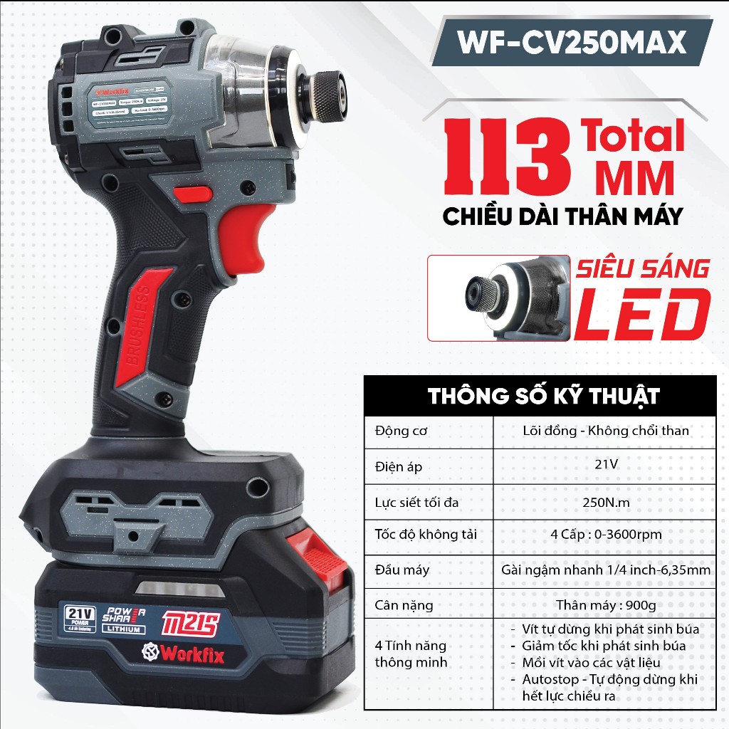 [MỚI 2025] Máy Chuyên Vít 250N Workfix WF-SD250MAX Siêu Khỏe, Chuyên Vặn- Mở Ốc Xe 2,5 Tấn