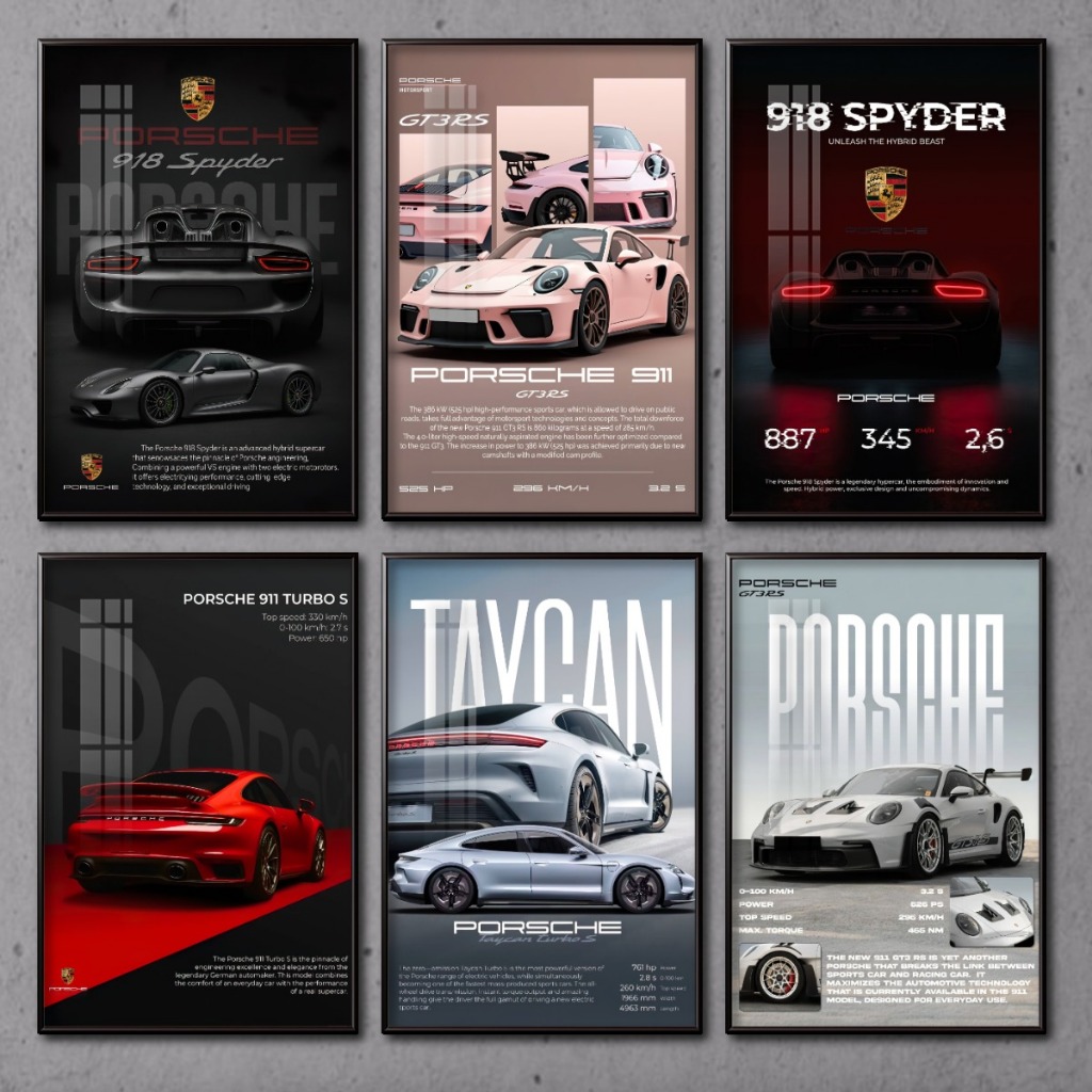 Poster Siêu Xe Đẳng Cấp Porsche, BMW,... Tráng Gương Khung Composite Decor treo tường, trang trí phòng khách