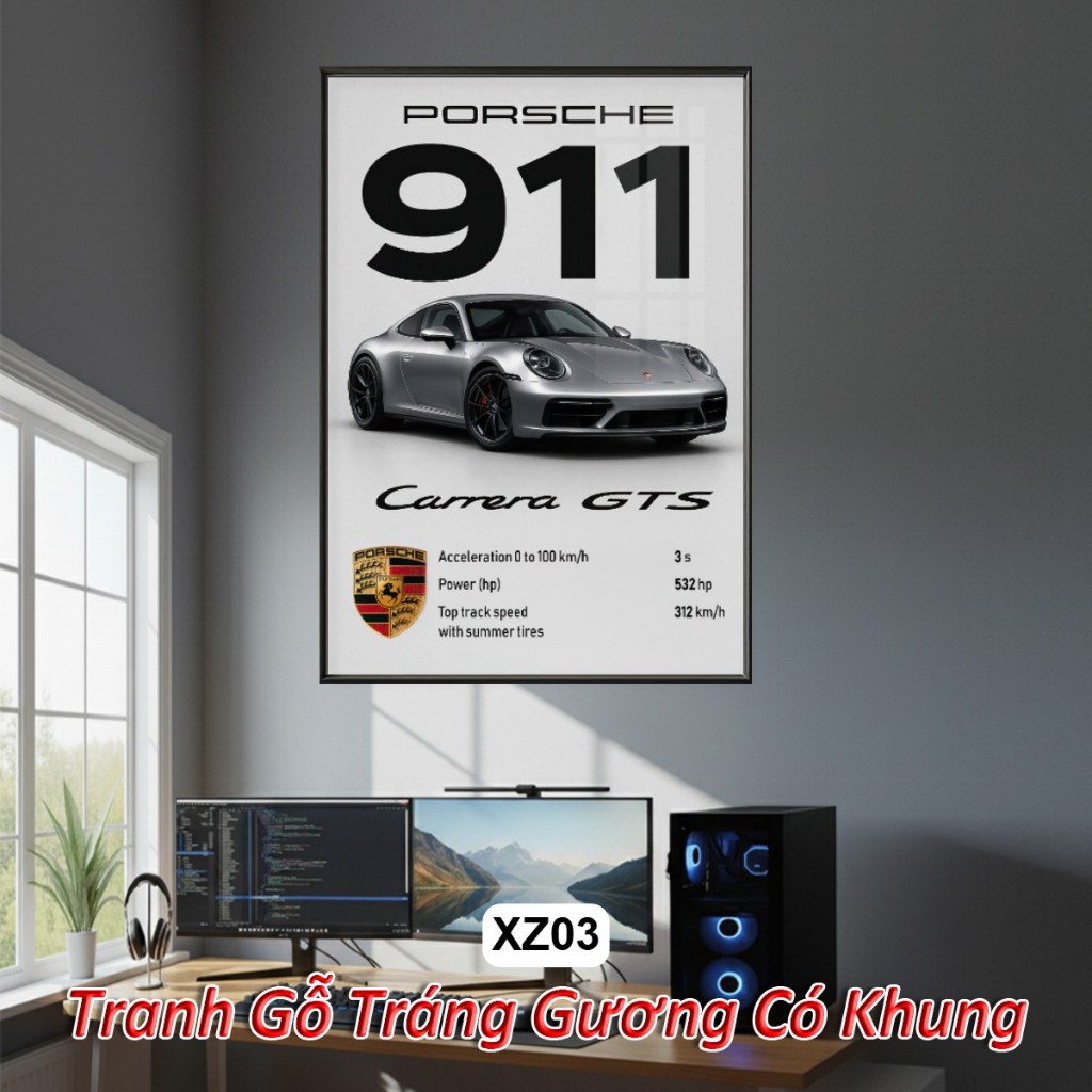Poster Siêu Xe Đẳng Cấp Porsche, BMW,... Tráng Gương Khung Composite Decor treo tường, trang trí phòng khách