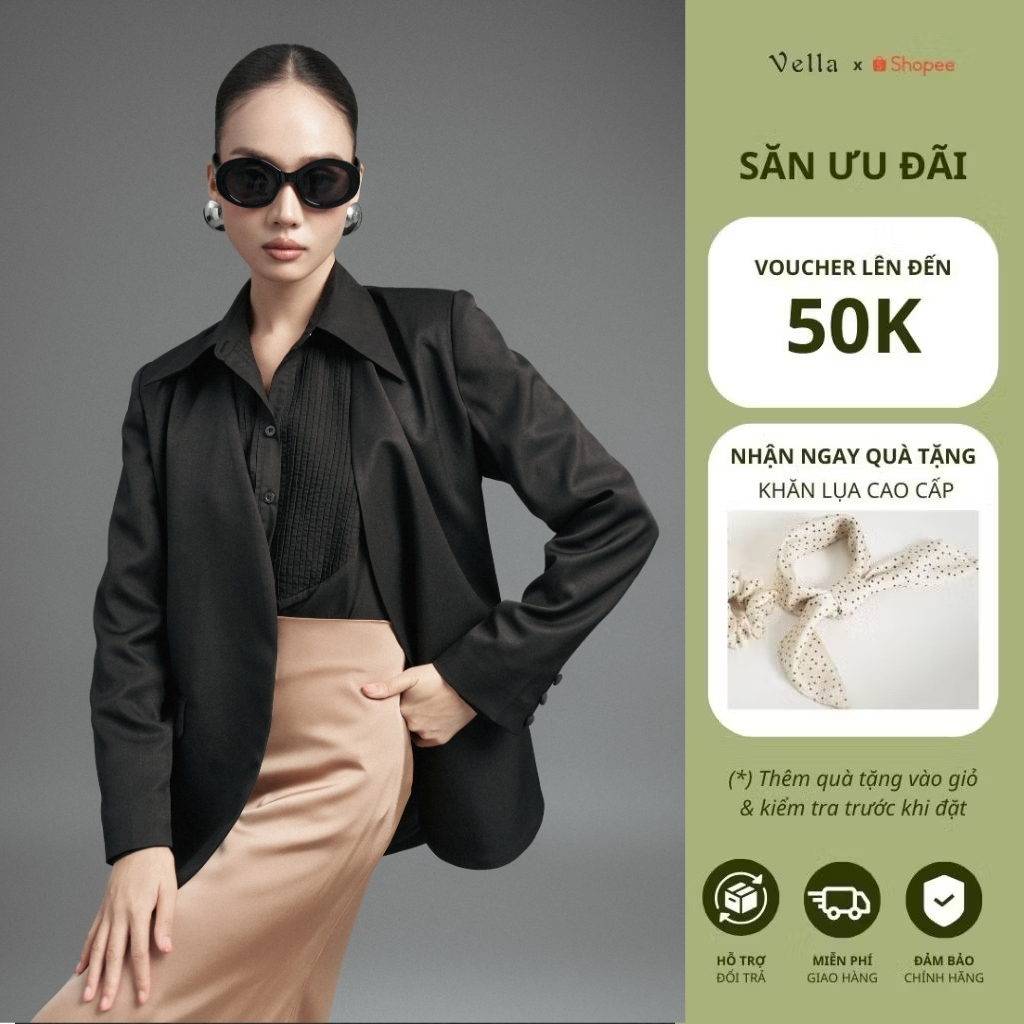Áo blazer nữ đen tay dài dáng dài công sở dễ phối đồ, tôn dáng, mặc đẹp mọi dịp Vella VAK25142