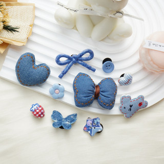 Bộ 10 Sticker, Charm 3D chủ đề Tim nơ Jean nhựa cứng gắn Dép Sục, Cá Sấu Mita JB-398