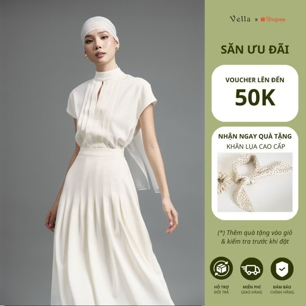 Set công sở nữ thanh lịch ARINA áo cổ cao xếp ly & chân váy xoè midi xếp ly Vella VA25070 & VV25074