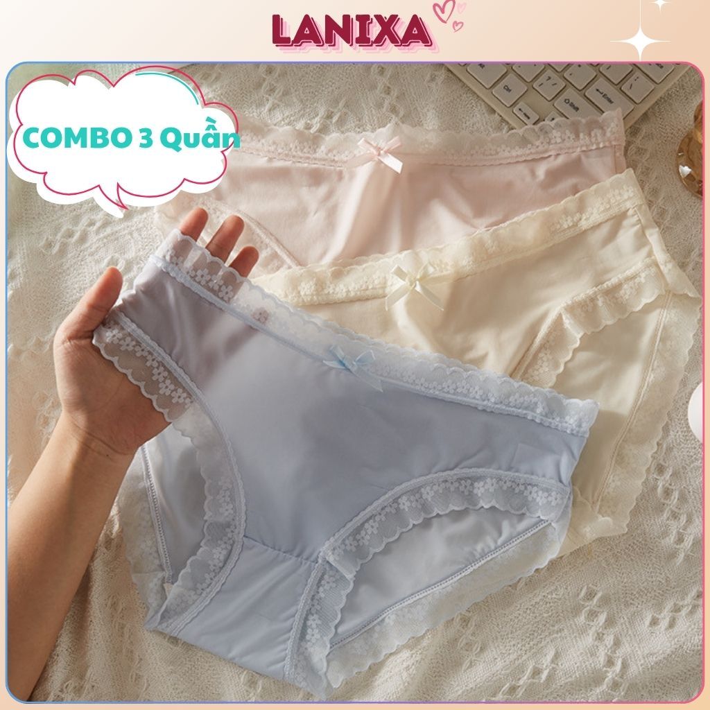 COMBO 3 Quần lót lụa nữ viền ren sang trọng gợi cảm đáy lót 2 lớp kháng khuẩn khử mùi LANIXA L519